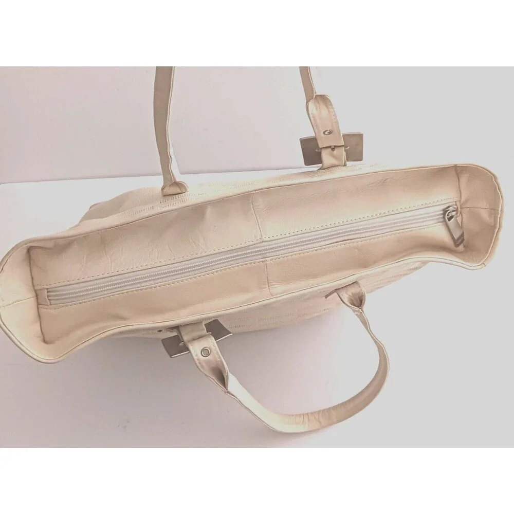 Renato Angi Vanilla Ivory Leather Lg Tote Brushed Silver Buckle Strap Made Italy